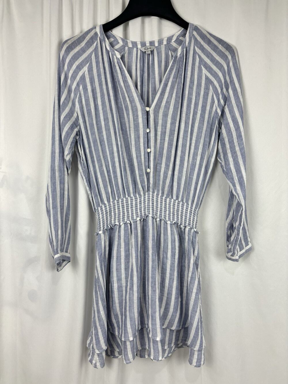 Rails Jasmine Mini Dress Women’s S Smock Waist Linen Blend Blue White Stripe